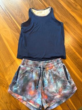 Athleta Girls Navy Tank with Multicolor Tie-Dye Shorts